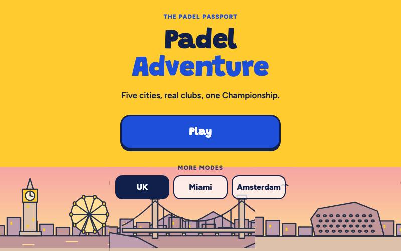 The Padel Adventure start screen, with trips to the UK, Miami and Amsterdam.